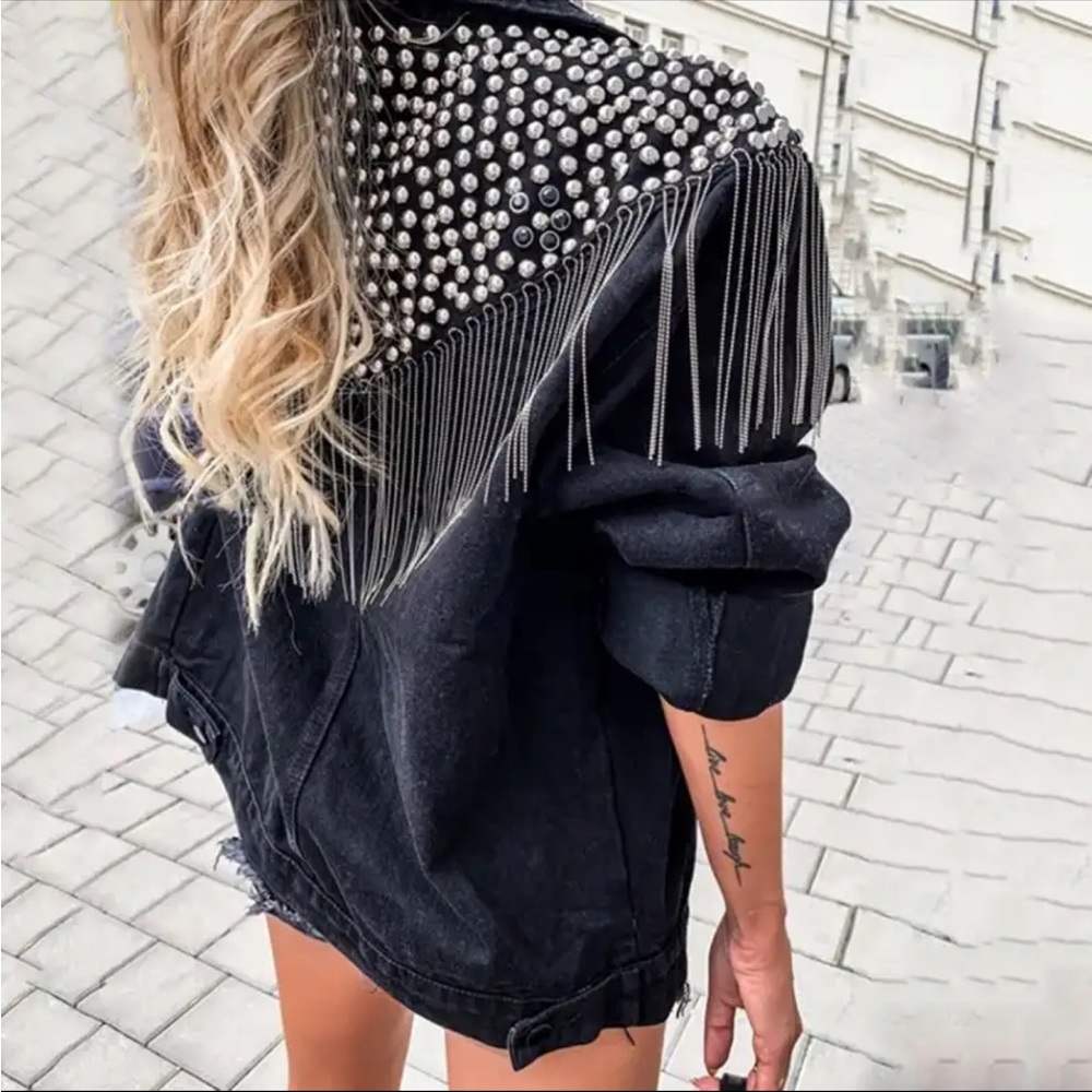 Blue Oversized Studded Chain Fringe Denim Jacket - Picture 5 of 6